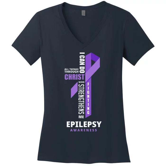 Epilepsy Warrior God Jesus Christ Epilepsy Awareness Women's V-Neck T-Shirt