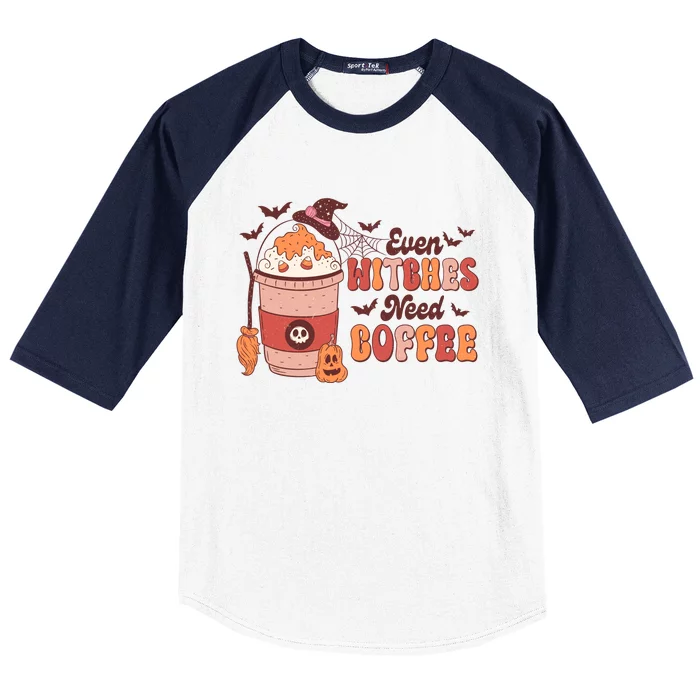 Even Witches Need Coffee Retro Halloween Quotes Gift Baseball Sleeve Shirt