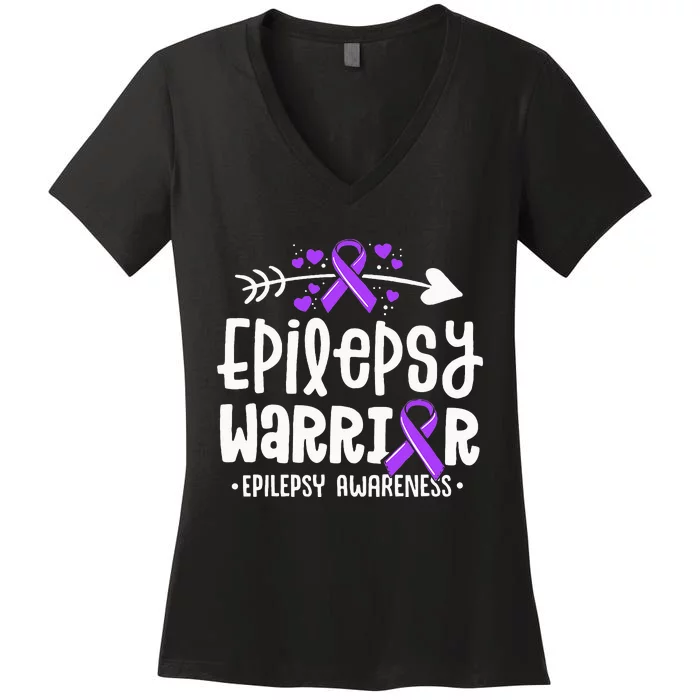 Epilepsy Warrior Ribbon Purple Epilepsy Awareness Support Women's V-Neck T-Shirt