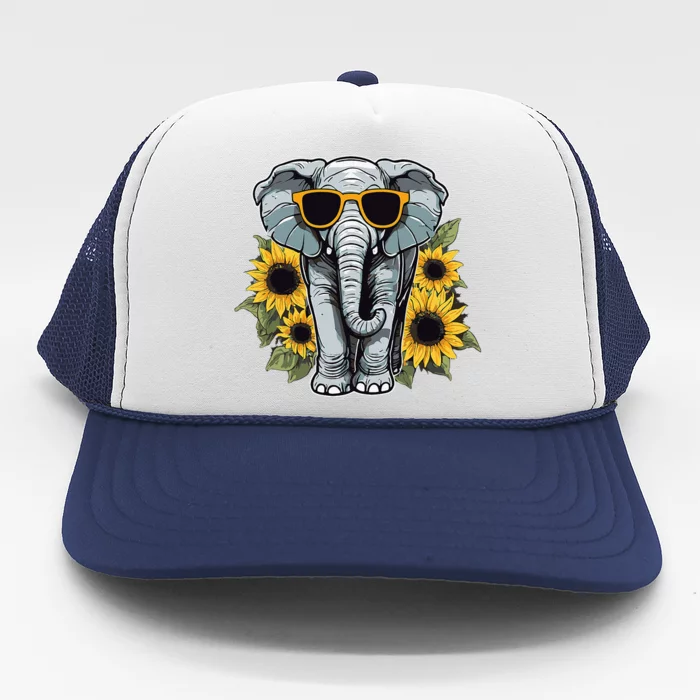 Elephant With Sunglasses And Sunflowers Trucker Hat