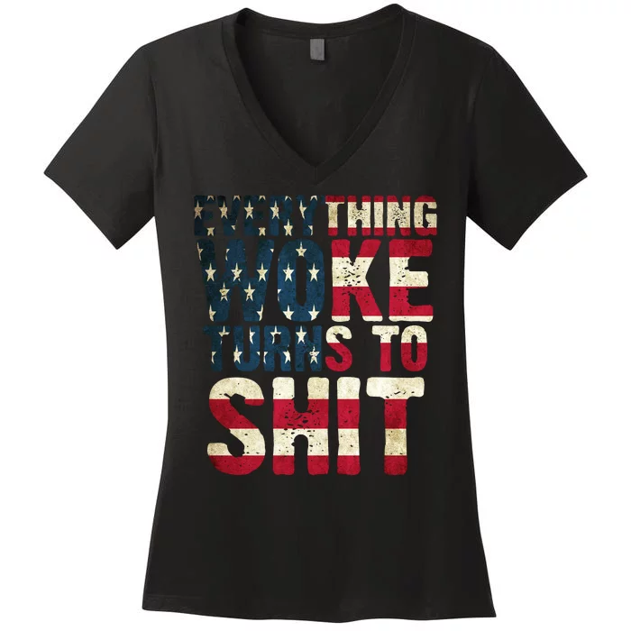 Everything Woke Turns To Shit USA Flag Women's V-Neck T-Shirt