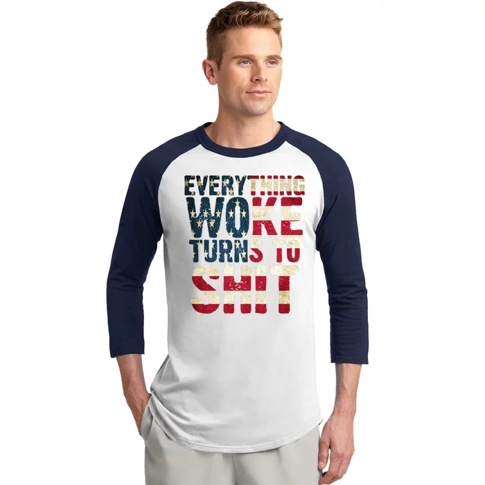 Everything Woke Turns To Shit USA Flag Baseball Sleeve Shirt