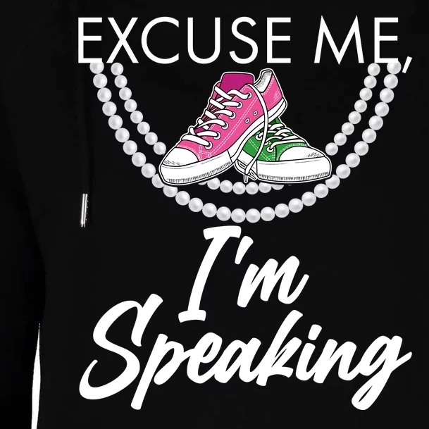 Excuse Me I'm Speaking Pearls and Converse Kamala Harris AKA Womens Funnel Neck Pullover Hood