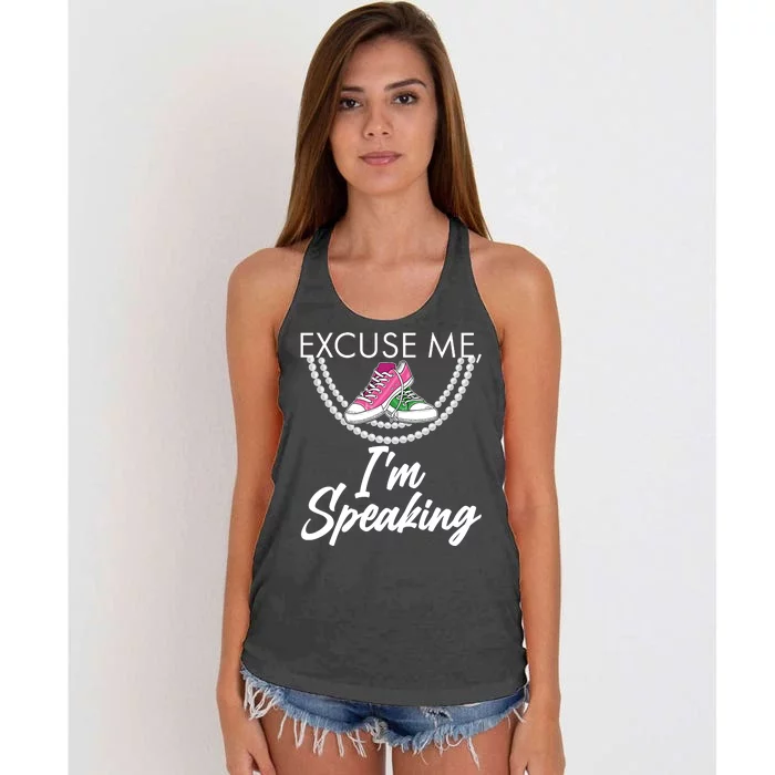 Excuse Me I'm Speaking Pearls and Converse Kamala Harris AKA Women's Knotted Racerback Tank