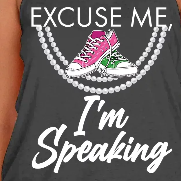 Excuse Me I'm Speaking Pearls and Converse Kamala Harris AKA Women's Knotted Racerback Tank