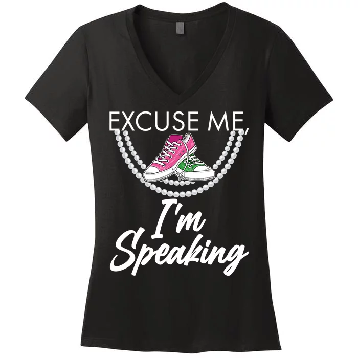 Excuse Me I'm Speaking Pearls and Converse Kamala Harris AKA Women's V-Neck T-Shirt