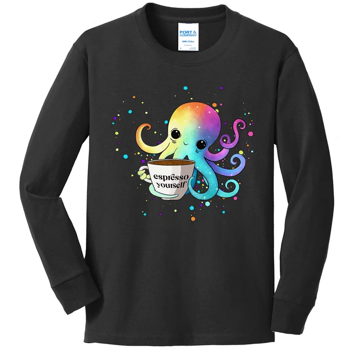 Espresso Yourself Cute Rainbow Octopus Coffee Mug Design Kids Long Sleeve Shirt