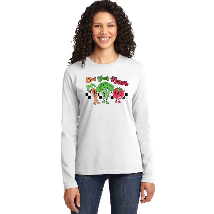 Eat Your Veggies Retro 90s Style Vegetable Funny Vegan Month Ladies Long Sleeve Shirt