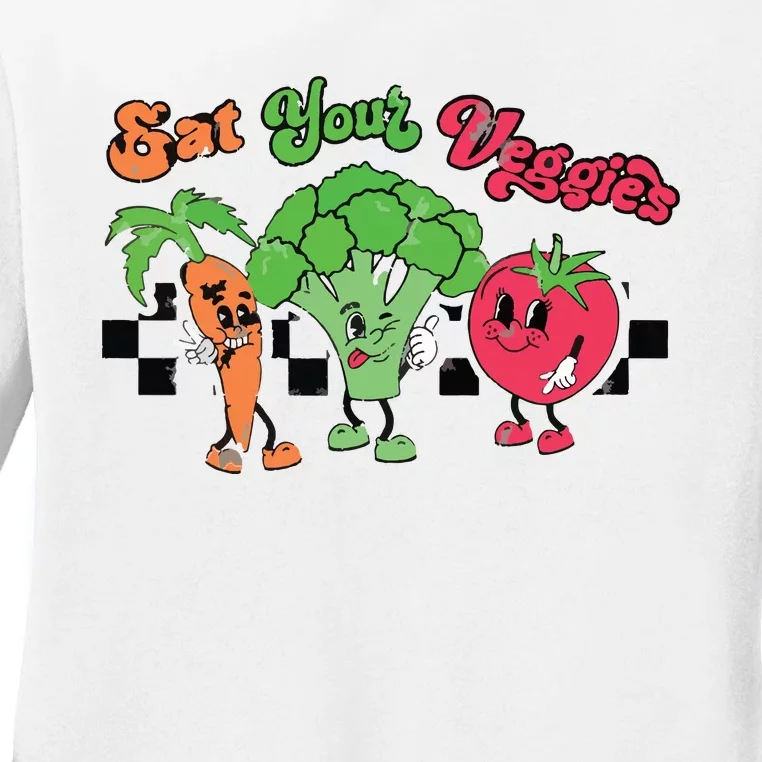 Eat Your Veggies Retro 90s Style Vegetable Funny Vegan Month Ladies Long Sleeve Shirt