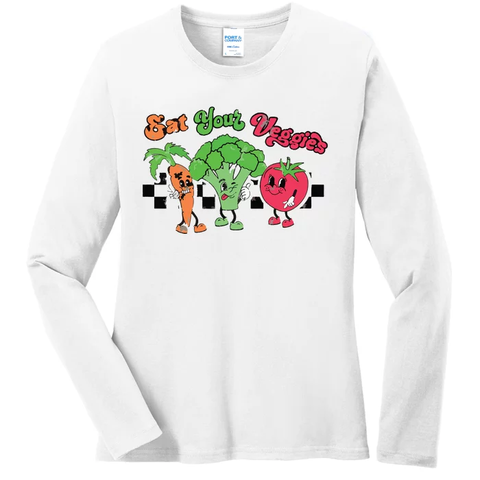 Eat Your Veggies Retro 90s Style Vegetable Funny Vegan Month Ladies Long Sleeve Shirt