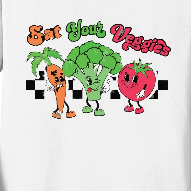 Eat Your Veggies Retro 90s Style Vegetable Funny Vegan Month Kids Long Sleeve Shirt