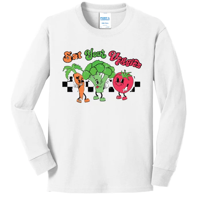 Eat Your Veggies Retro 90s Style Vegetable Funny Vegan Month Kids Long Sleeve Shirt