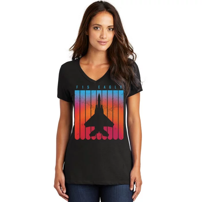 F-15 Eagle Jet Fighter Retro Women's V-Neck T-Shirt