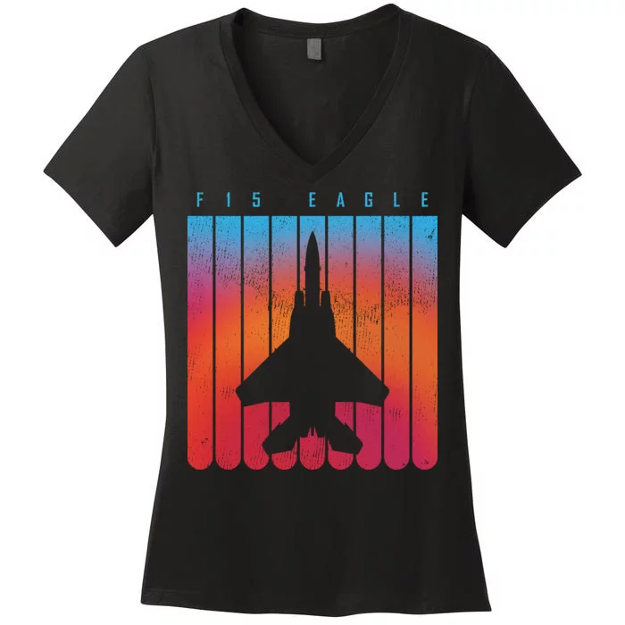 F-15 Eagle Jet Fighter Retro Women's V-Neck T-Shirt