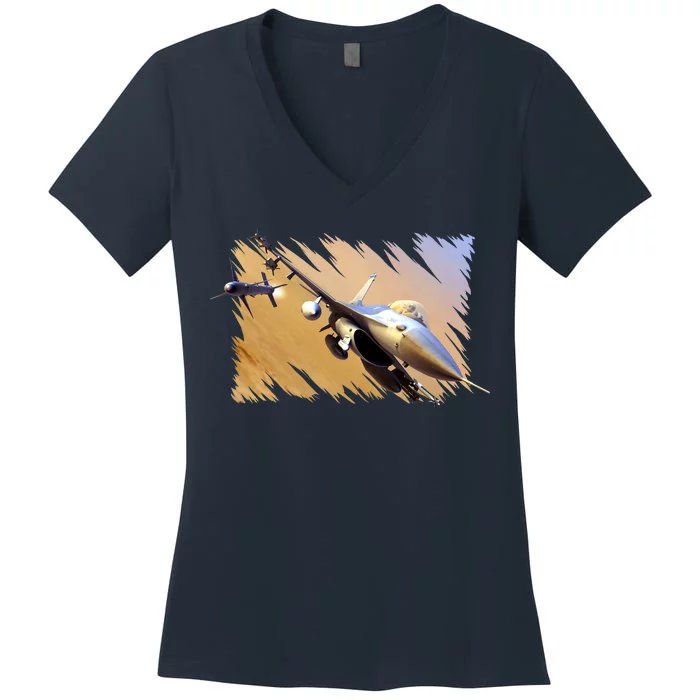 F-16 Fighter Jet Women's V-Neck T-Shirt