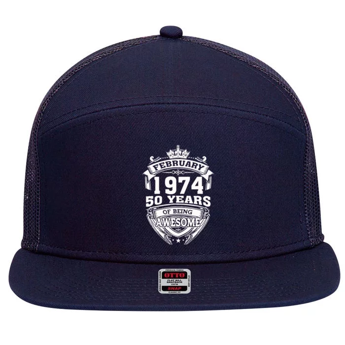 February 1974 50 Years Of Being Awesome 50th Birthday 7 Panel Mesh Trucker Snapback Hat