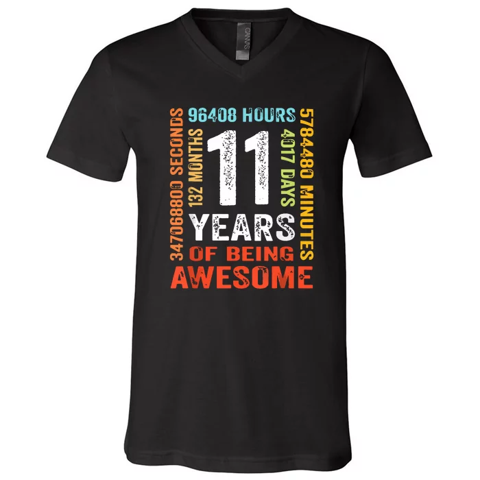 Funny 11th Birthday 11 Years Old Vintage Retro 132 Months V-Neck T-Shirt