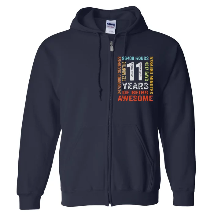 Funny 11th Birthday 11 Years Old Vintage Retro 132 Months Full Zip Hoodie