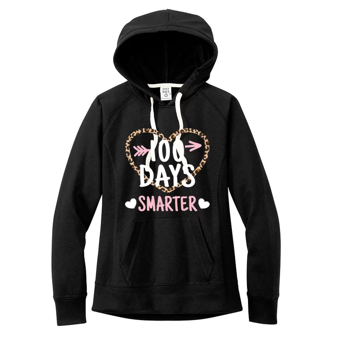 Funny 100th Day Of School 100 Days Smarter Leopard Heart Gift Women's Fleece Hoodie