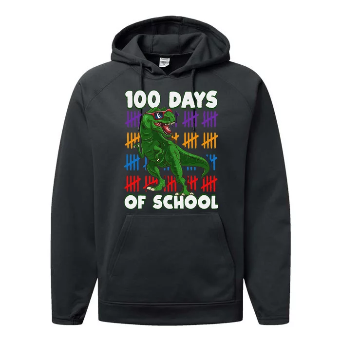 Funny 100 Days Of School 100th Day Of School Dino Performance Fleece Hoodie