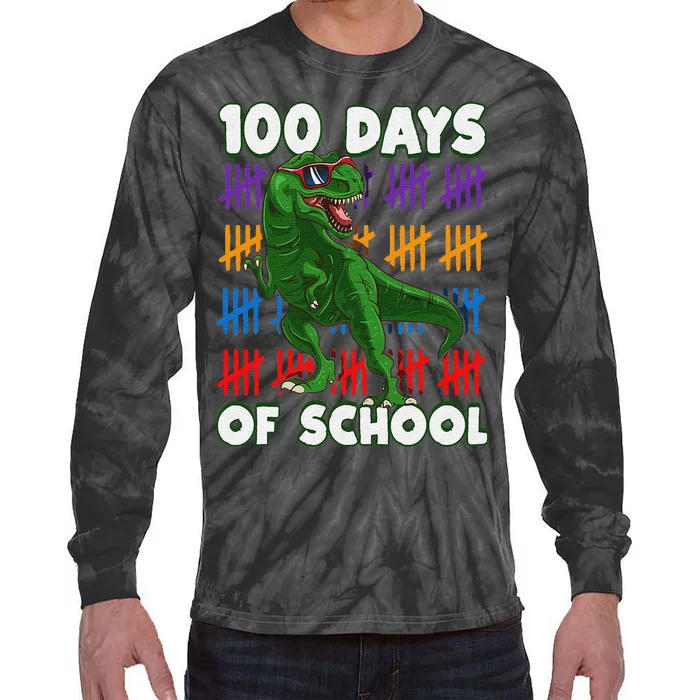 Funny 100 Days Of School 100th Day Of School Dino Tie-Dye Long Sleeve Shirt