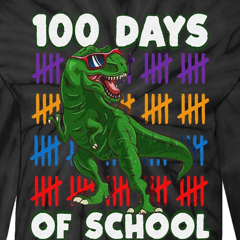 Funny 100 Days Of School 100th Day Of School Dino Tie-Dye Long Sleeve Shirt