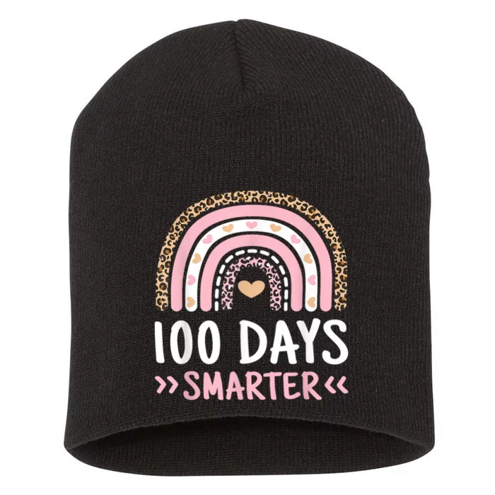 Funny 100th Day Of School 100 Days Smarter Leopard Rainbow Short Acrylic Beanie