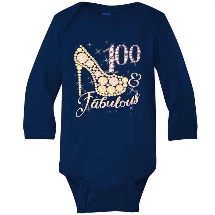 Fabulous & 100 Sparkly Heel 100th Birthday Baby Long Sleeve Bodysuit