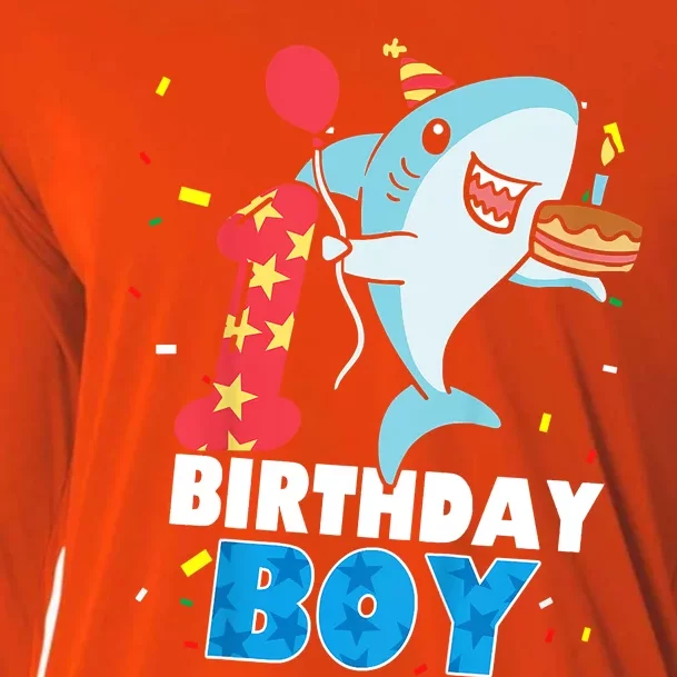 Funny 1 Year Old Shark OceanTheme Party 1st Birthday Boy Cooling Performance Long Sleeve Crew