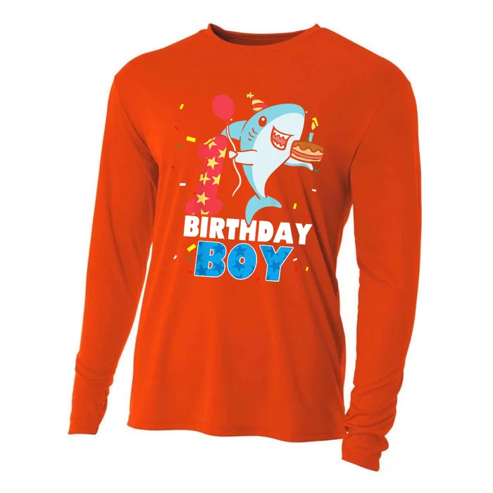 Funny 1 Year Old Shark OceanTheme Party 1st Birthday Boy Cooling Performance Long Sleeve Crew