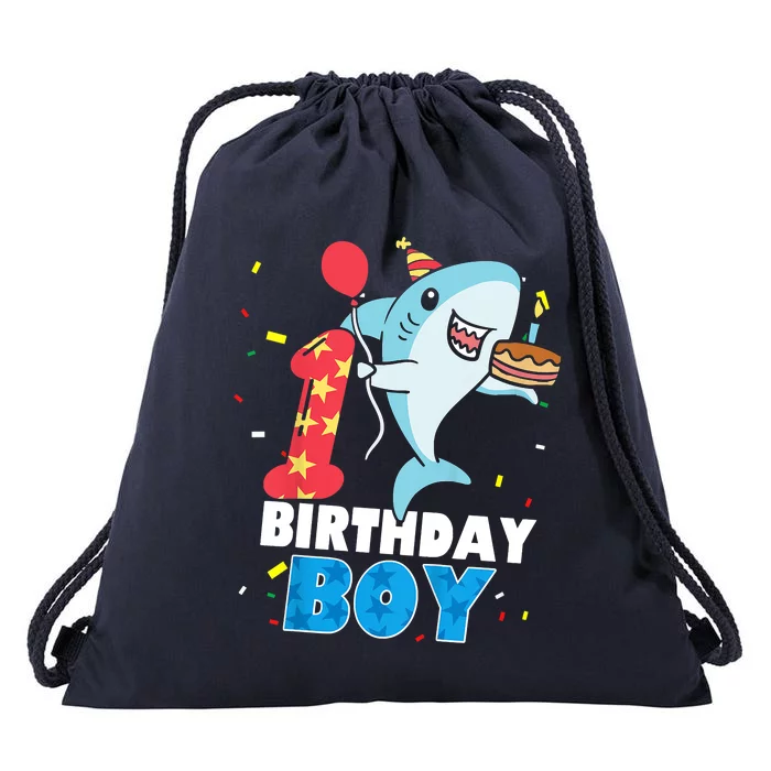 Funny 1 Year Old Shark OceanTheme Party 1st Birthday Boy Drawstring Bag