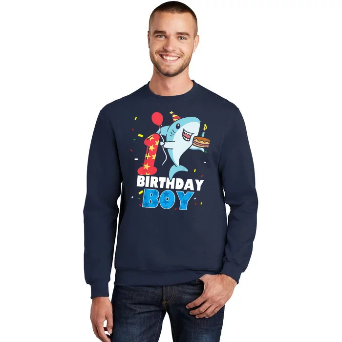 Funny 1 Year Old Shark OceanTheme Party 1st Birthday Boy Tall Sweatshirt