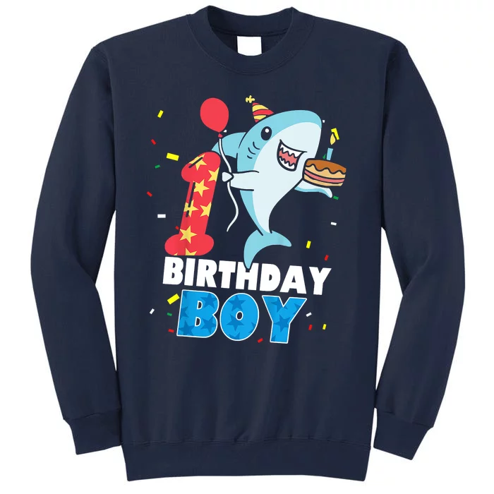 Funny 1 Year Old Shark OceanTheme Party 1st Birthday Boy Tall Sweatshirt