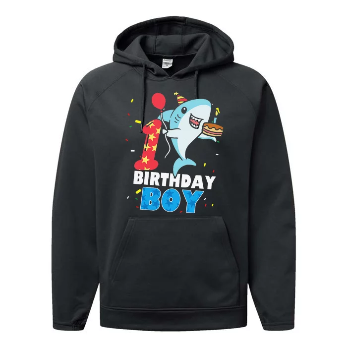 Funny 1 Year Old Shark OceanTheme Party 1st Birthday Performance Fleece Hoodie