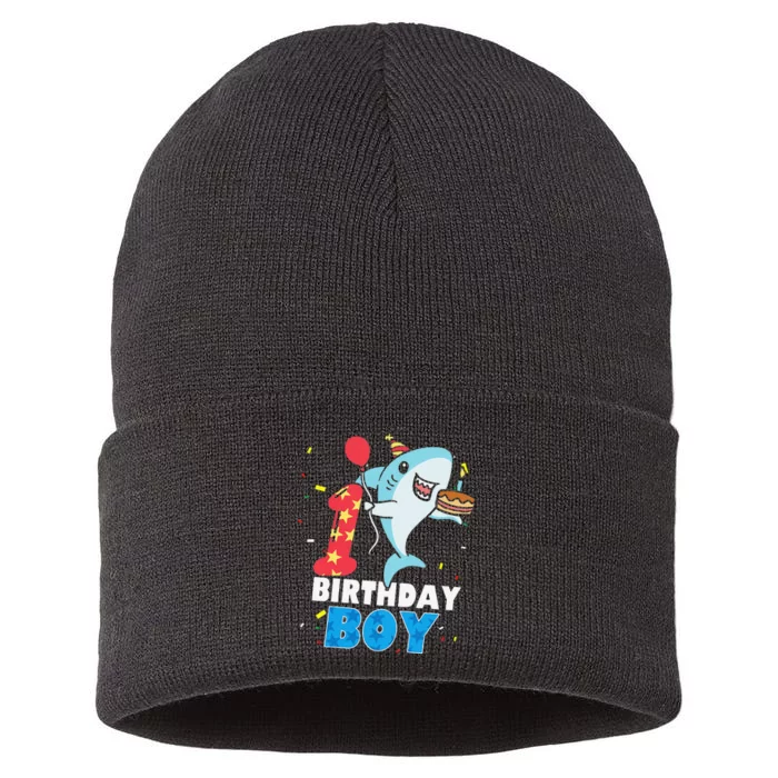 Funny 1 Year Old Shark OceanTheme Party 1st Birthday Sustainable Knit Beanie