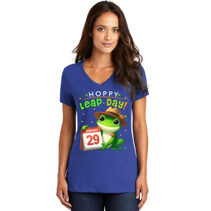 February 29th Funny Frog Leap Day Matching Leap Year 2024 Women's V-Neck T-Shirt