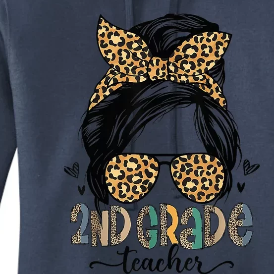 Funny 2nd Grade Teacher Messy Bun Leopard Back To School Women's Pullover Hoodie