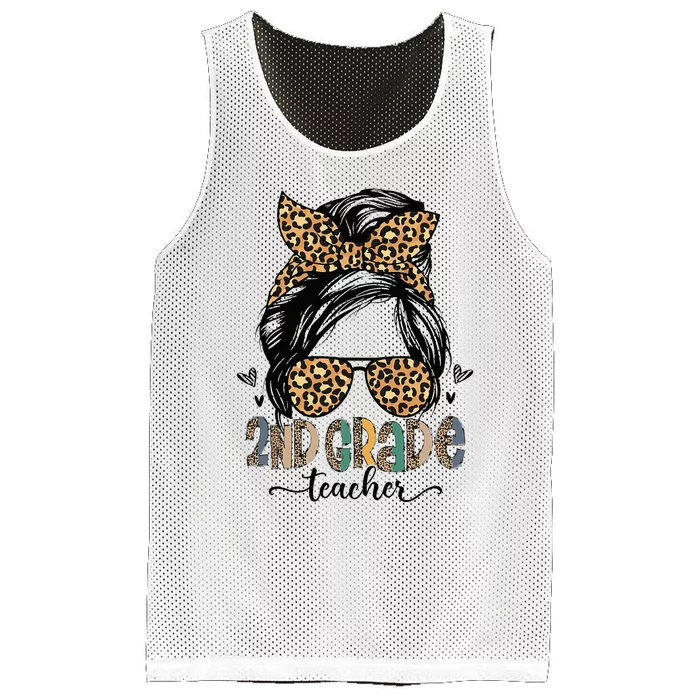 Funny 2nd Grade Teacher Messy Bun Leopard Back To School Mesh Reversible Basketball Jersey Tank