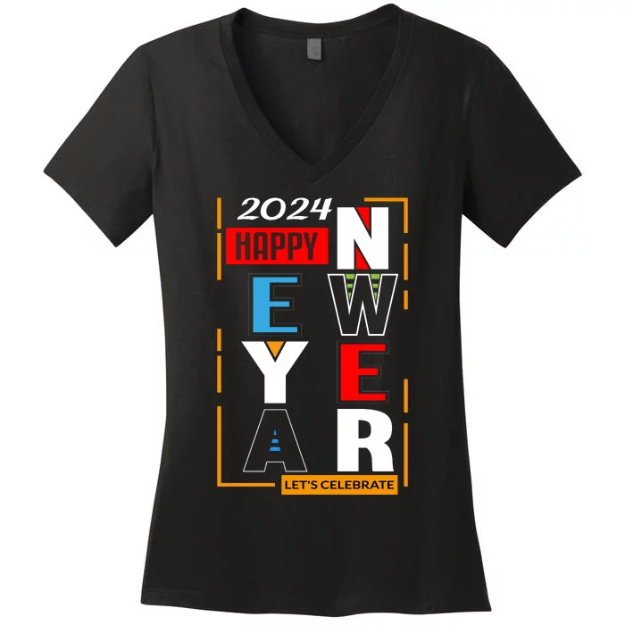 Festive 2024 New Year Celebration Graphic Women's V-Neck T-Shirt