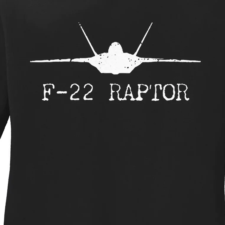 F 22 Raptor Fighter Jet Distressed Silhouette Front And Back Ladies Long Sleeve Shirt