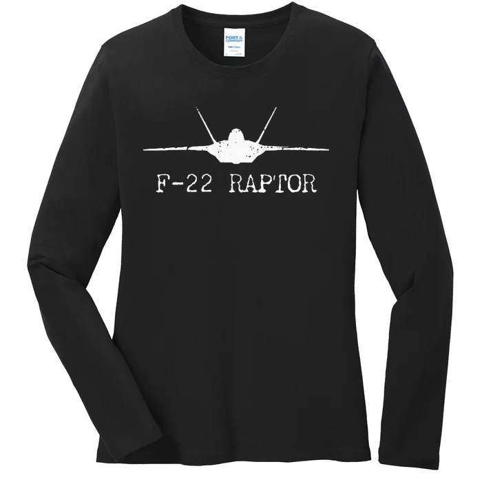 F 22 Raptor Fighter Jet Distressed Silhouette Front And Back Ladies Long Sleeve Shirt