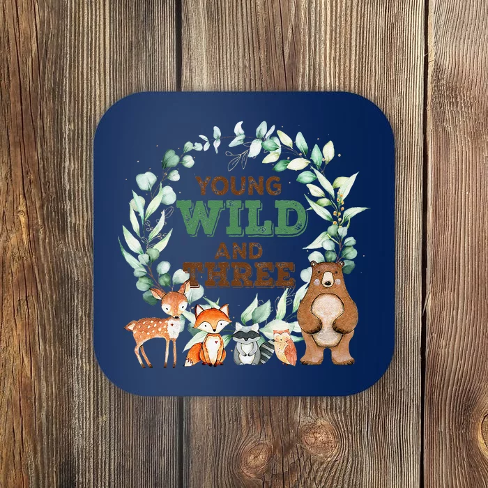 Funny 3rd Birthday Woodland Animals Young Wild & Three Coaster