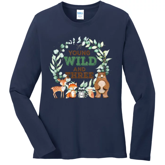 Funny 3rd Birthday Woodland Animals Young Wild & Three Ladies Long Sleeve Shirt