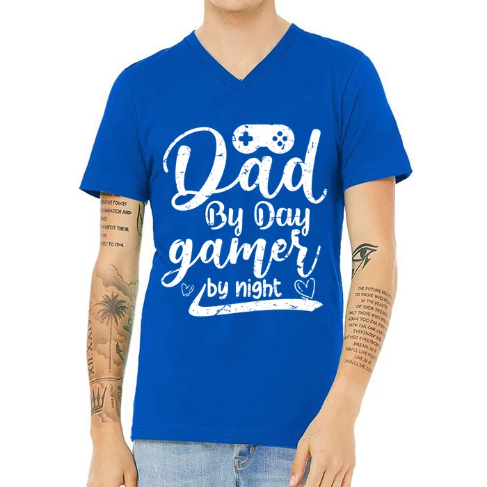 Family 365 Dad By Day Gamer By Night Gift V-Neck T-Shirt