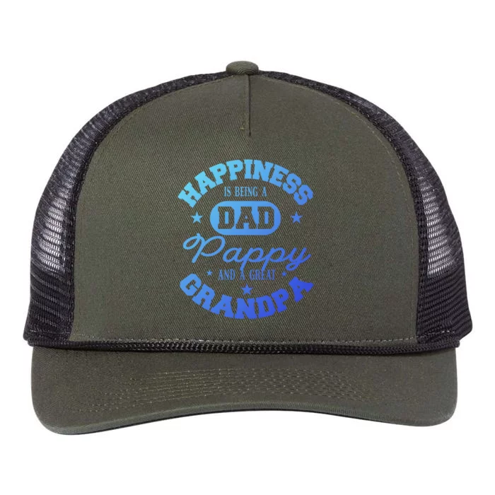 Family 365 Happiness Is Being A Dad Pappy And Great Grandpa Cool Gift Retro Rope Trucker Hat Cap