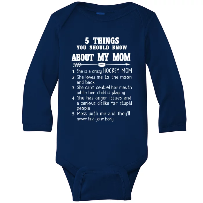 Family 365 Hockey Mom Tee Things About My Hockey Mom Funny Gift Baby Long Sleeve Bodysuit