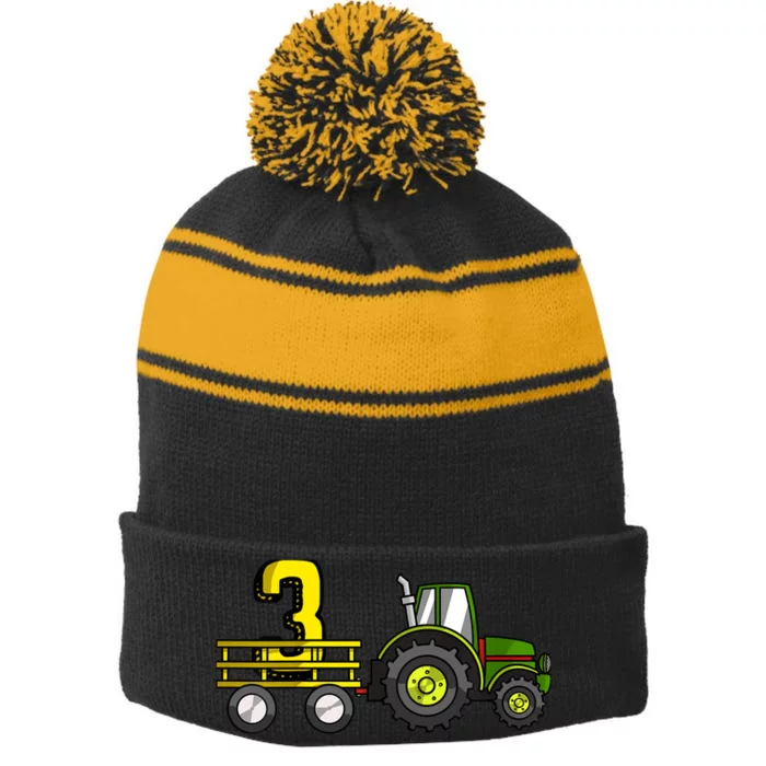 Farm 3 Year Old Barnyard Boy 3rd Birthday Tractor Stripe Pom Pom Beanie