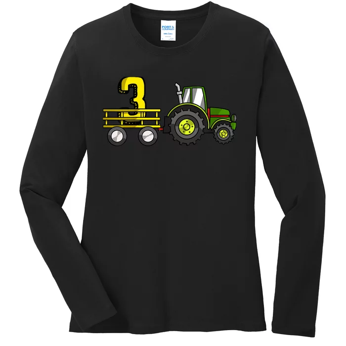 Farm 3 Year Old Barnyard Boy 3rd Birthday Tractor Ladies Long Sleeve Shirt