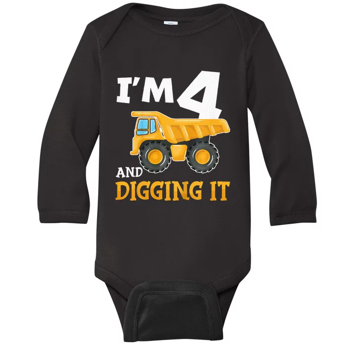 Four 4yr 4th Birthday Construction 4 Years Old Baby Long Sleeve Bodysuit