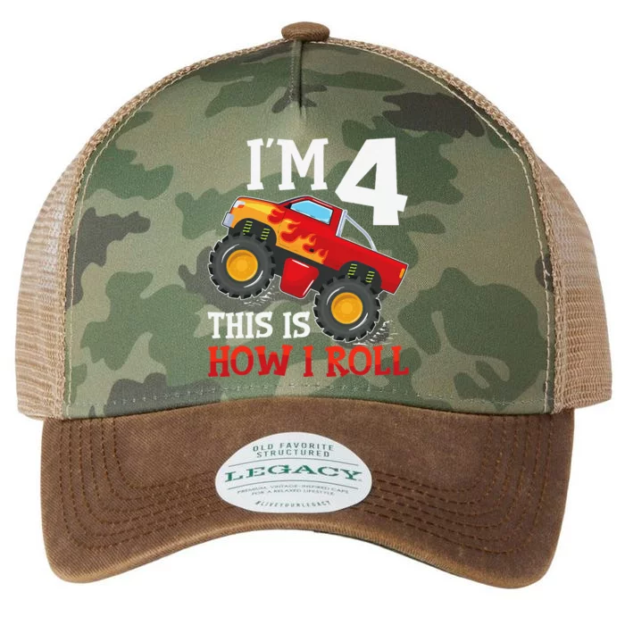 Four 4yr 4th Birthday Monster Truck Boy 4 Years Old Gift Legacy Tie Dye Trucker Hat